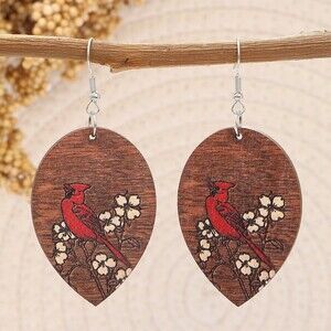 Faux Wood Teardrop Dangle Earrings Red Cardinal & White Flowers Nature Freedom